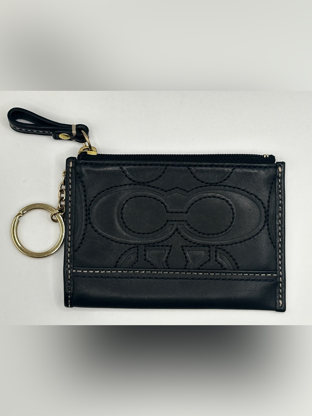 Coach Black Leather Zip Card Case with Gold Hardware